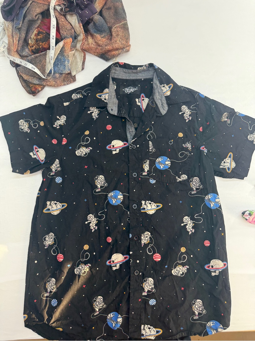 Eighty Eight Black Short-Sleeve Space Print Button-Down Shirt